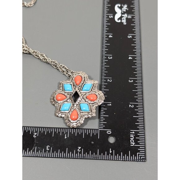 Vintage Avon American Spirit Necklace Faux Turquoise Orange Concho Brooch 30" - Picture 10 of 10